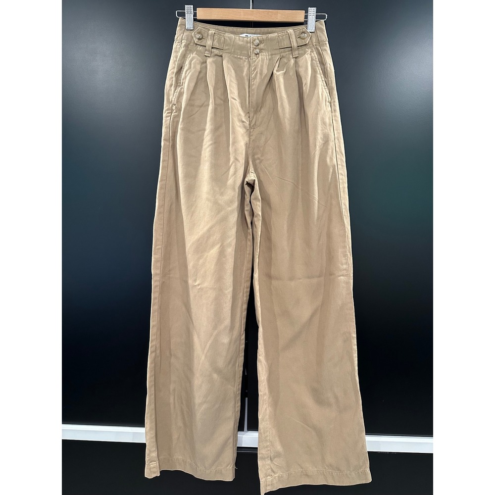 Madewell Pleated Wide Leg Pants Khaki Tan Lyocell Linen Blend Size 00 NA5676
